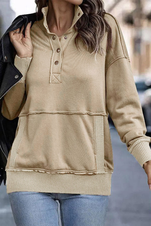 Ribbed Hem Snap Button Neckline Sweatshirt with Pocket