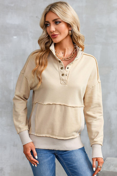 Ribbed Hem Snap Button Neckline Sweatshirt with Pocket