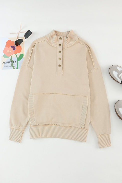 Ribbed Hem Snap Button Neckline Sweatshirt with Pocket