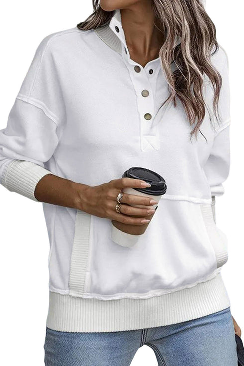 Ribbed Hem Snap Button Neckline Sweatshirt with Pocket