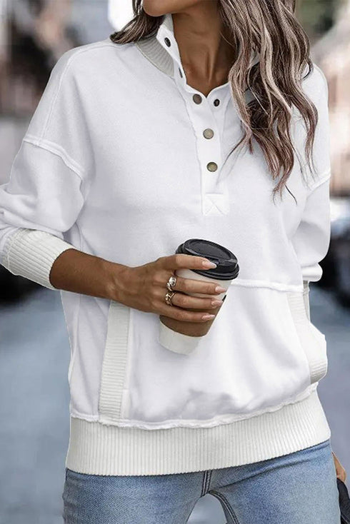 Ribbed Hem Snap Button Neckline Sweatshirt with Pocket
