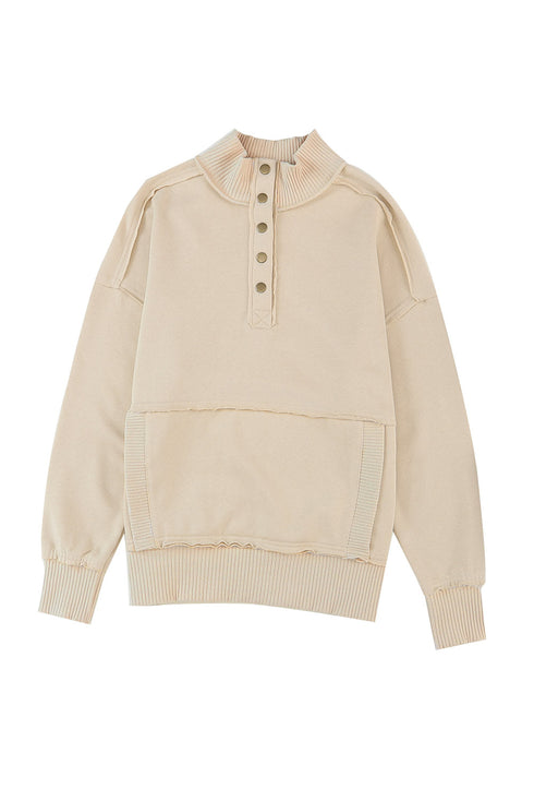 Ribbed Hem Snap Button Neckline Sweatshirt with Pocket