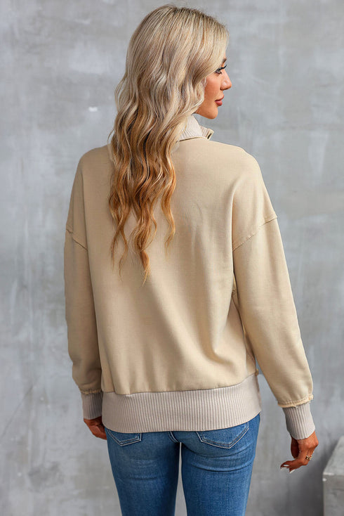 Ribbed Hem Snap Button Neckline Sweatshirt with Pocket
