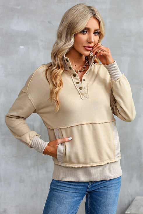 Ribbed Hem Snap Button Neckline Sweatshirt with Pocket