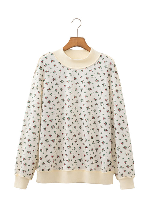 Ribbed High Neck Patchwork Floral Print Baggy Pullover Sweatshirt