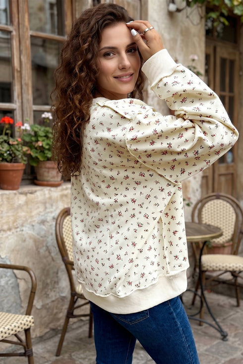 Ribbed High Neck Patchwork Floral Print Baggy Pullover Sweatshirt