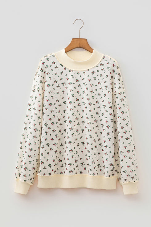 Ribbed High Neck Patchwork Floral Print Baggy Pullover Sweatshirt