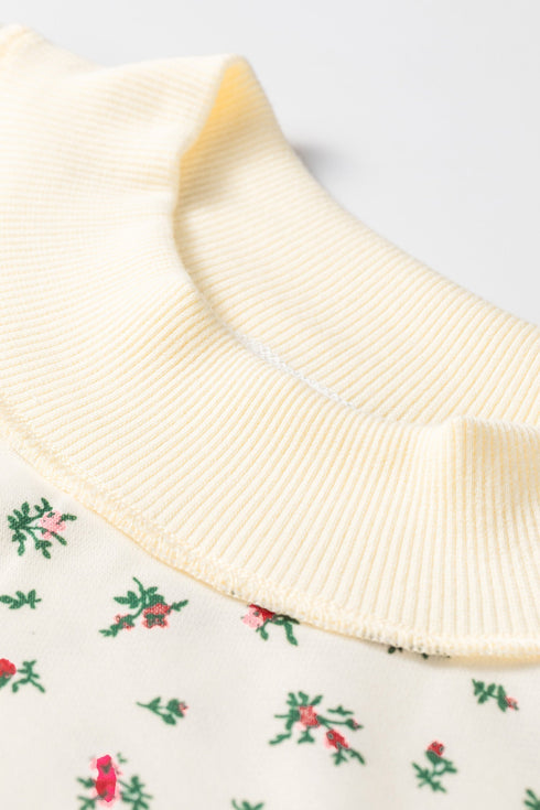 Ribbed High Neck Patchwork Floral Print Baggy Pullover Sweatshirt