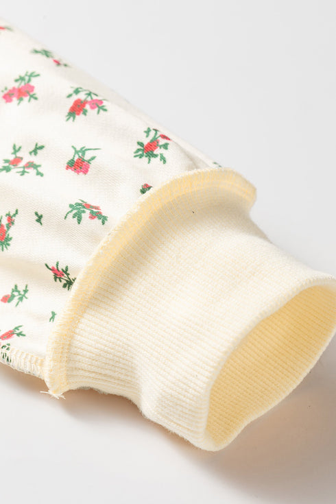 Ribbed High Neck Patchwork Floral Print Baggy Pullover Sweatshirt