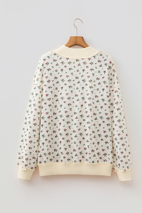 Ribbed High Neck Patchwork Floral Print Baggy Pullover Sweatshirt
