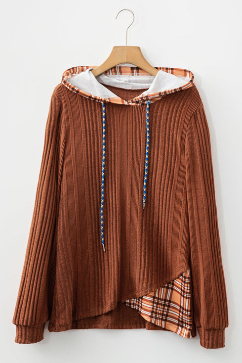 Ribbed Knit Asymmetrical Hem Plaid Detail Hoodie