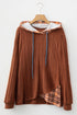 Ribbed Knit Asymmetrical Hem Plaid Detail Hoodie