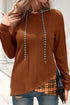 Ribbed Knit Asymmetrical Hem Plaid Detail Hoodie