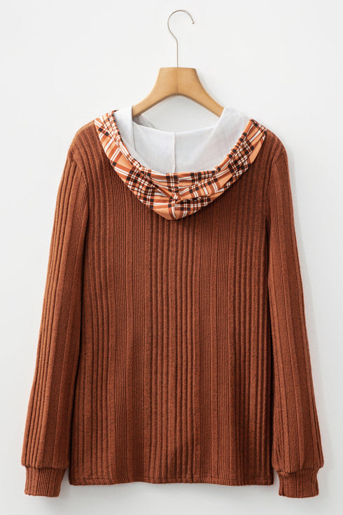 Ribbed Knit Asymmetrical Hem Plaid Detail Hoodie