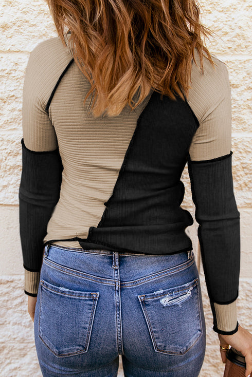 Ribbed Knit Asymmetrical Panel Long Sleeve Top