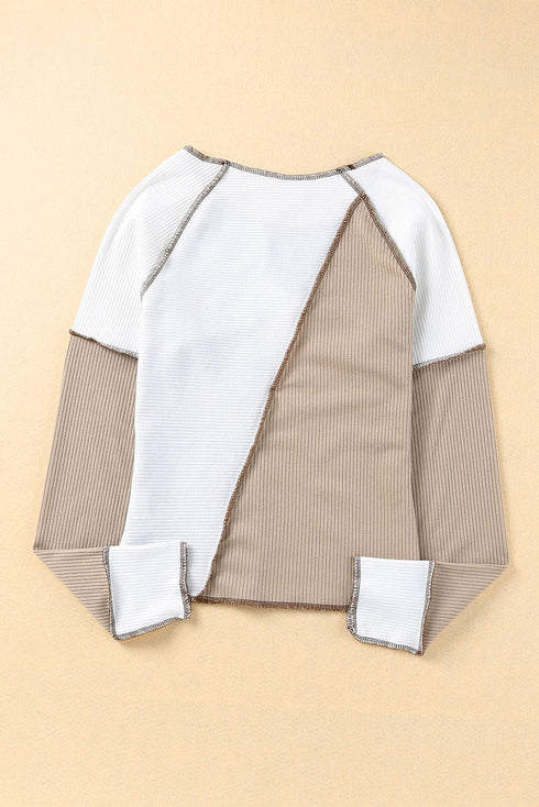 Ribbed Knit Asymmetrical Panel Long Sleeve Top