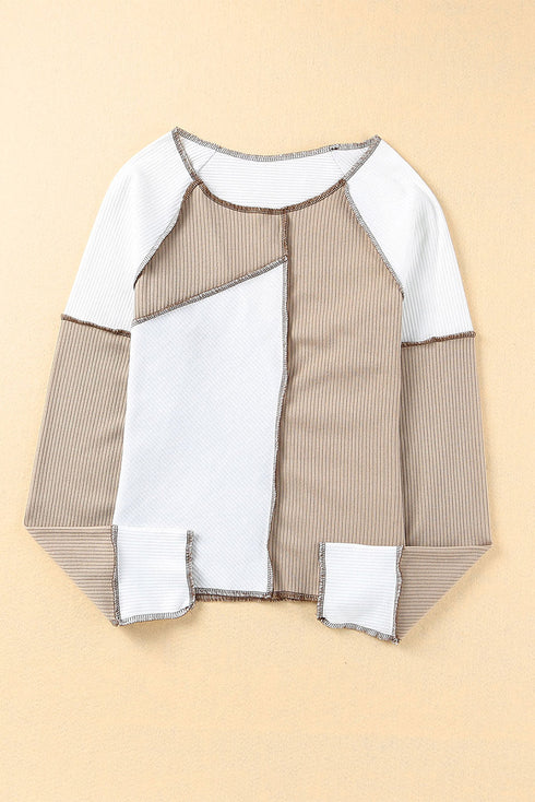 Ribbed Knit Asymmetrical Panel Long Sleeve Top