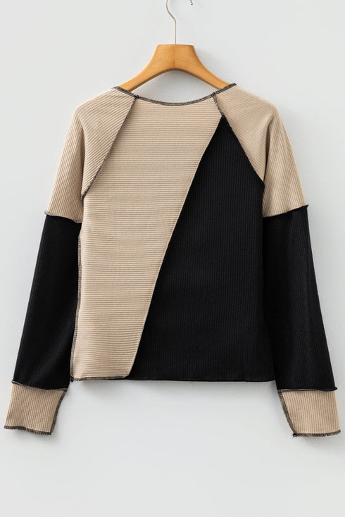 Ribbed Knit Asymmetrical Panel Long Sleeve Top