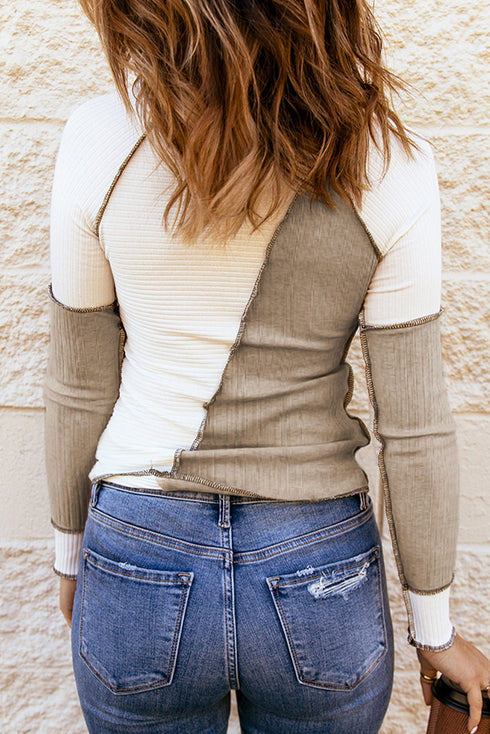 Ribbed Knit Asymmetrical Panel Long Sleeve Top