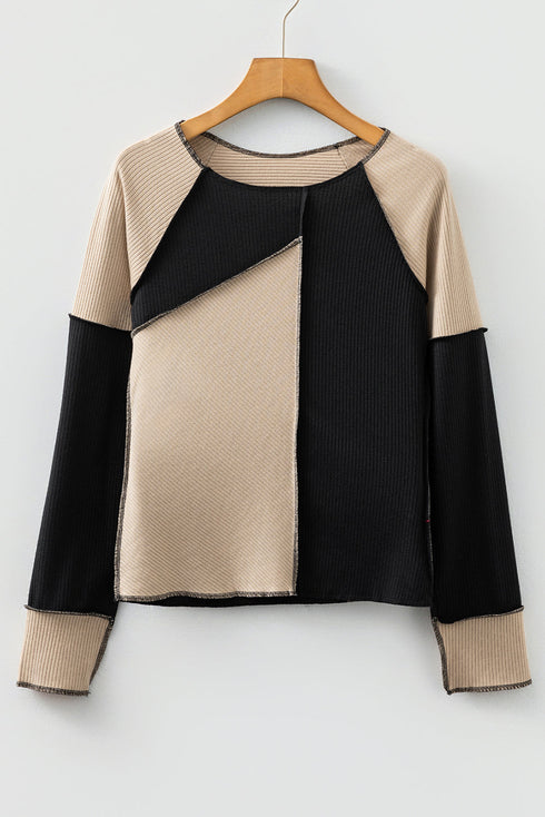 Ribbed Knit Asymmetrical Panel Long Sleeve Top
