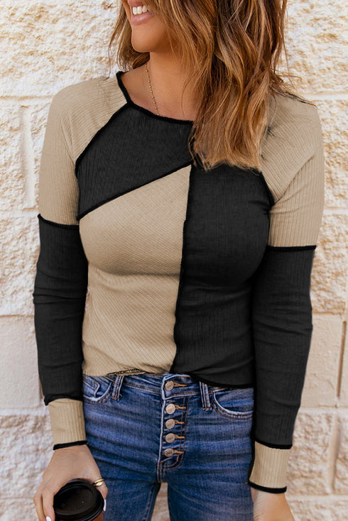 Ribbed Knit Asymmetrical Panel Long Sleeve Top