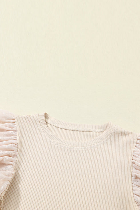 Ribbed Knit Bodice With Dotty Mesh Ruffle Sleeves Top