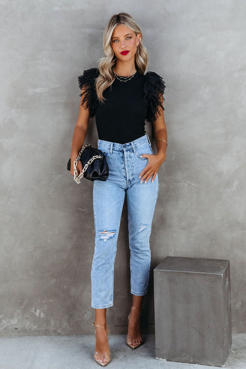 Ribbed Knit Bodice With Dotty Mesh Ruffle Sleeves Top