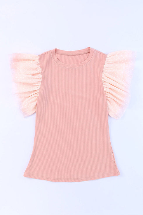 Ribbed Knit Bodice With Dotty Mesh Ruffle Sleeves Top