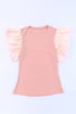 Ribbed Knit Bodice With Dotty Mesh Ruffle Sleeves Top
