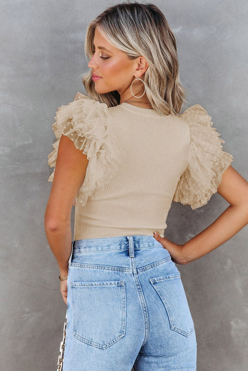 Ribbed Knit Bodice With Dotty Mesh Ruffle Sleeves Top
