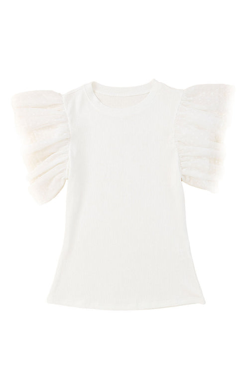 Ribbed Knit Bodice With Dotty Mesh Ruffle Sleeves Top
