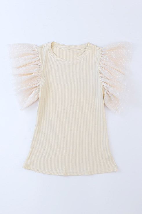 Ribbed Knit Bodice With Dotty Mesh Ruffle Sleeves Top