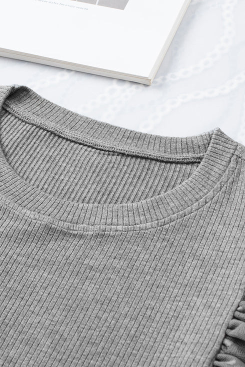 Ribbed Knit Bodice With Dotty Mesh Ruffle Sleeves Top