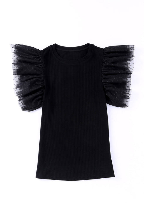Ribbed Knit Bodice With Dotty Mesh Ruffle Sleeves Top