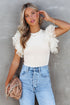 Ribbed Knit Bodice With Dotty Mesh Ruffle Sleeves Top