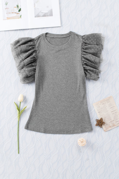 Ribbed Knit Bodice With Dotty Mesh Ruffle Sleeves Top