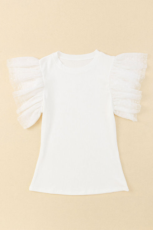Ribbed Knit Bodice With Dotty Mesh Ruffle Sleeves Top