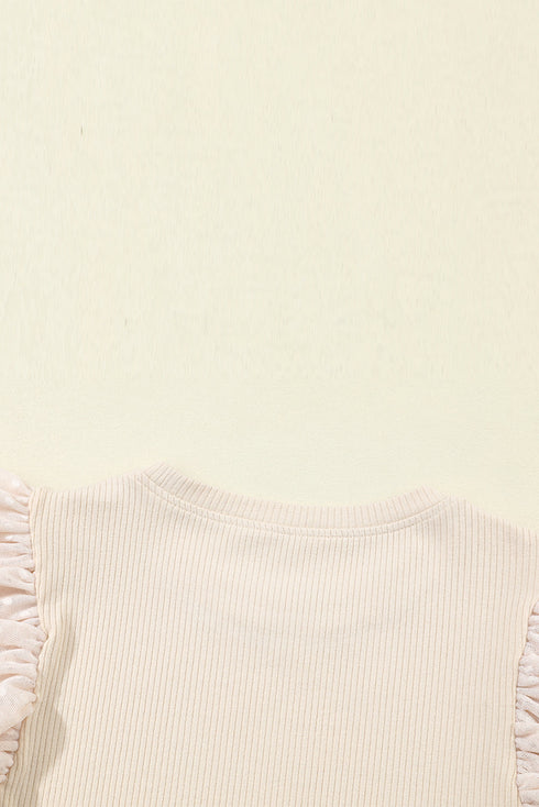 Ribbed Knit Bodice With Dotty Mesh Ruffle Sleeves Top