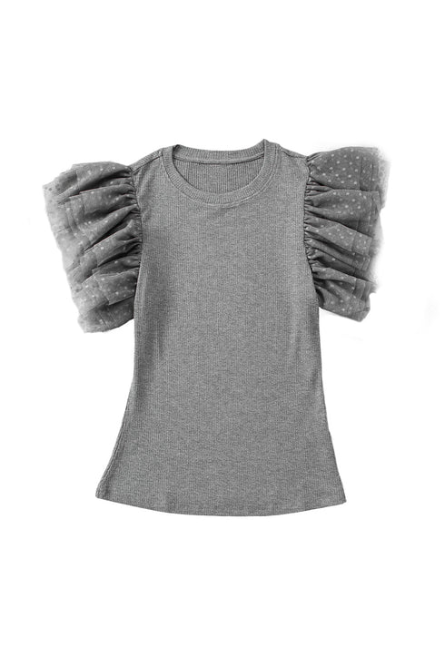 Ribbed Knit Bodice With Dotty Mesh Ruffle Sleeves Top