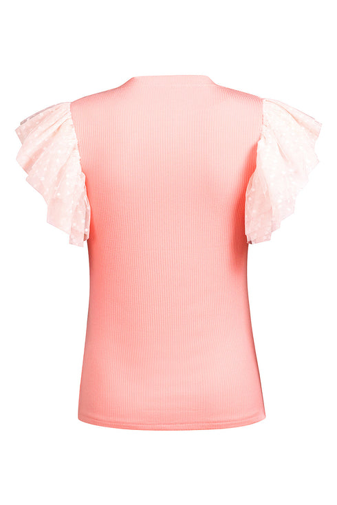 Ribbed Knit Bodice With Dotty Mesh Ruffle Sleeves Top