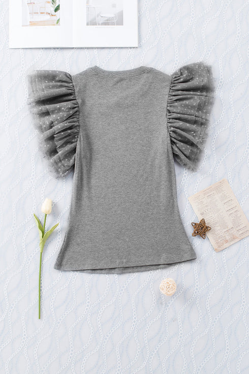 Ribbed Knit Bodice With Dotty Mesh Ruffle Sleeves Top