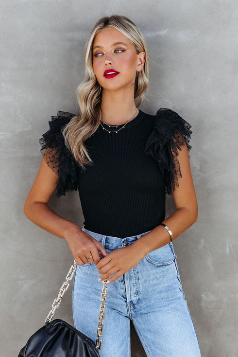 Ribbed Knit Bodice With Dotty Mesh Ruffle Sleeves Top