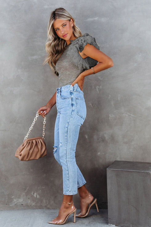 Ribbed Knit Bodice With Dotty Mesh Ruffle Sleeves Top