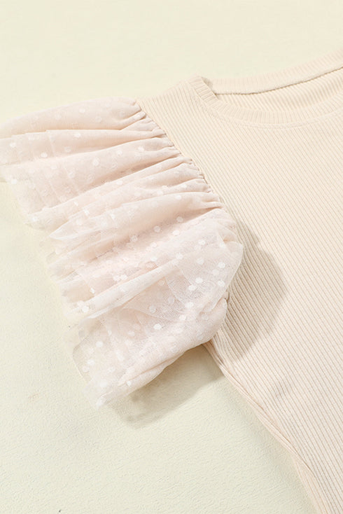 Ribbed Knit Bodice With Dotty Mesh Ruffle Sleeves Top