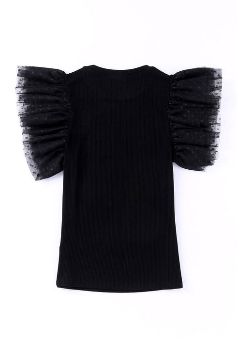 Ribbed Knit Bodice With Dotty Mesh Ruffle Sleeves Top