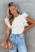Ribbed Knit Bodice With Dotty Mesh Ruffle Sleeves Top