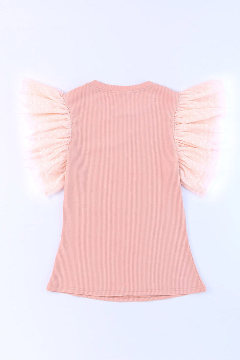 Ribbed Knit Bodice With Dotty Mesh Ruffle Sleeves Top