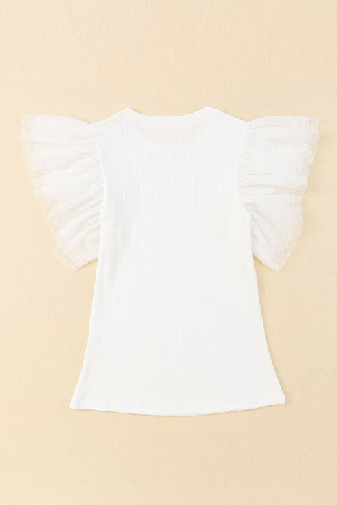 Ribbed Knit Bodice With Dotty Mesh Ruffle Sleeves Top