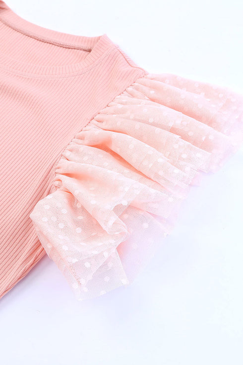 Ribbed Knit Bodice With Dotty Mesh Ruffle Sleeves Top