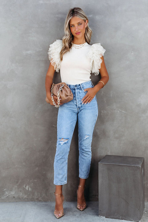 Ribbed Knit Bodice With Dotty Mesh Ruffle Sleeves Top